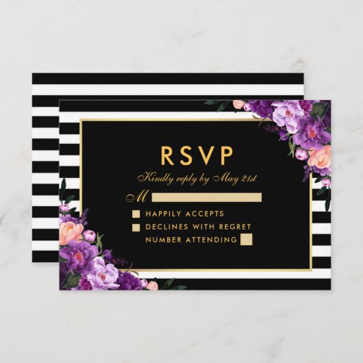 Floral violet or rayé noir Mariage RSVP (Devant / Derrière)