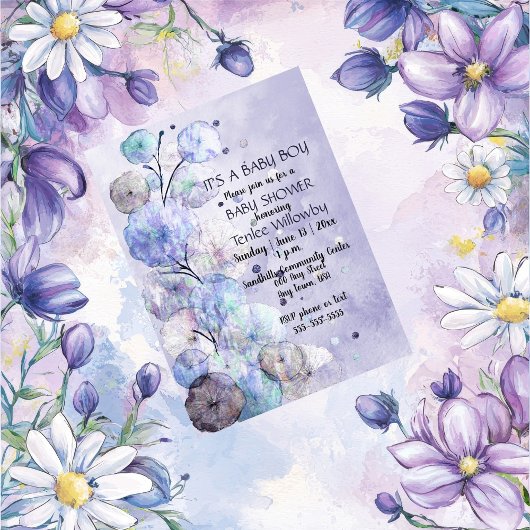 Floral Watercolor Baby Boy Shower Invitation