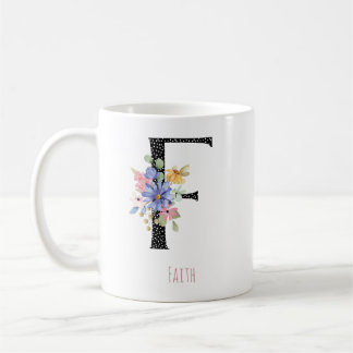 Floral Watercolor F Monogram Name Black Polka Dot  Koffiemok