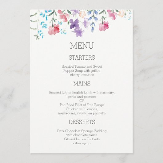 Floral Watercolor Garden Menu Mariage (Devant)