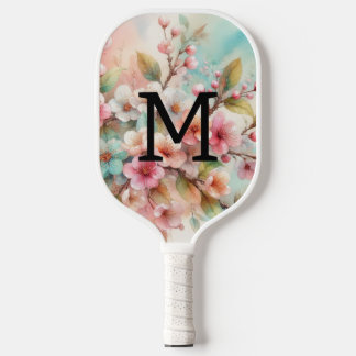 Floral watercolor monogram pink cherry blossoms  pickleball paddle