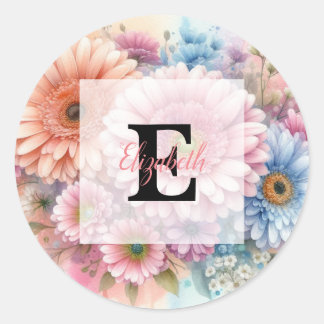 Floral watercolor monogram pink gerbera daisies  ronde sticker