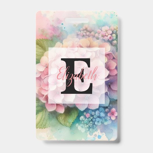 Floral watercolor monogram pink hydrangea badge (Voorzijde)