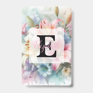 Floral watercolor monogram pink lilies flowers  badge