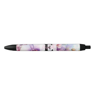 Floral watercolor monogram pink orchid flowers  zwarte inkt pen