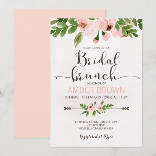 Floral Watercolor Rose Bridal Brunch Invitation (Devant / Derrière)
