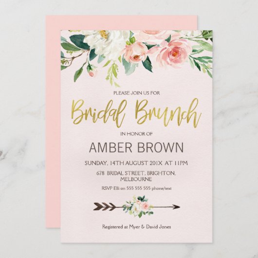 Floral Watercolor Rose Bridal Brunch Invitation (Devant / Derrière)