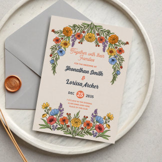 Floral Watercolor Wildflower Wedding Invitation Kaart