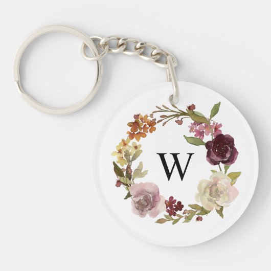 Floral Watercolor Wreath Monogram White Sleutelhanger (Voorkant)