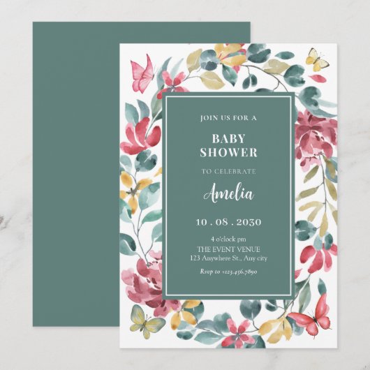 Floral waterverf baby shower kaart (Voorkant / Achterkant)