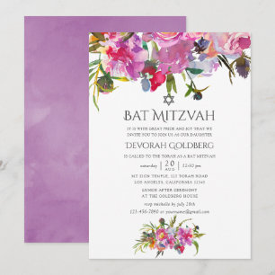 Floral Waterverf Bat Mitzvah Kaart