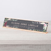 Floral Waterverf Blossom Dark Navy Graphite Bureau Naambordje (Voorkant)