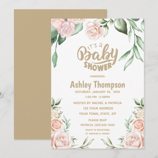 Floral Waterverf Blush Roze Baby shower Kaart (Voorkant / Achterkant)