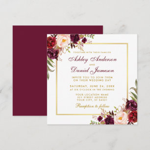 Floral Waterverf Burgundy Gold Wedding Kaart SB