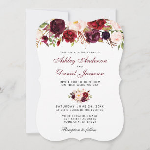 Floral Waterverf Burgundy Wedding Invitation BR Kaart