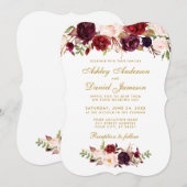 Floral Waterverf Burgundy Wedding Invitation GB Kaart (Voorkant / Achterkant)