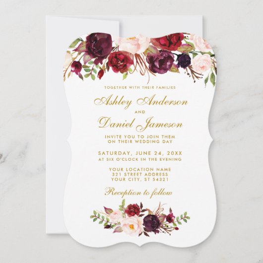 Floral Waterverf Burgundy Wedding Invitation GB Kaart (Voorkant)