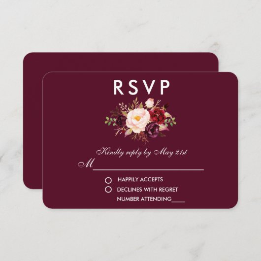 Floral Waterverf Burgundy Wedding RSVP (Voorkant / Achterkant)