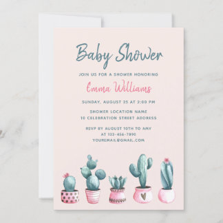 Floral Waterverf Cactus Pink Girl Baby shower Kaart