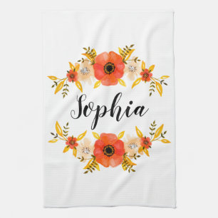 Floral Waterverf Coral WreatCustom Text Theedoek