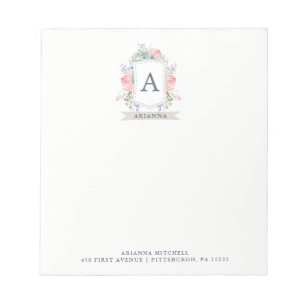 Floral Waterverf Crest met Monogram Notitieblok