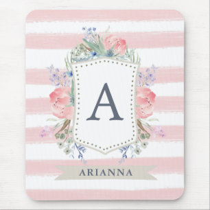 Floral Waterverf Crest met Monogram Stripe Muismat