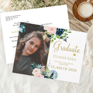 Floral waterverf elegant foto afstuderen aankondigingskaart