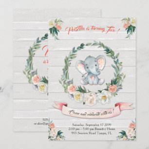Floral waterverf Elephant Invitation, Baby 2de Kaart