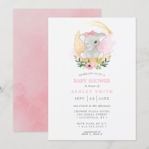 Floral Waterverf Elephant Moon Girl Baby shower Kaart