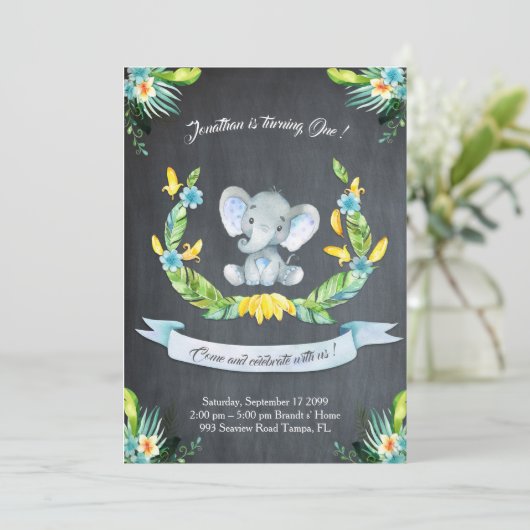 Floral waterverf Elephant Uitnodiging, Babyjongen Kaart (Staand voorkant)