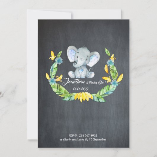 Floral waterverf Elephant Uitnodiging, Babyjongen Kaart (Achterkant)