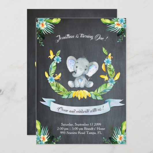 Floral waterverf Elephant Uitnodiging, Babyjongen Kaart (Voorkant / Achterkant)