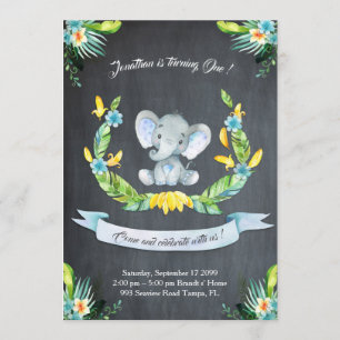 Floral waterverf Elephant Uitnodiging, Babyjongen Kaart