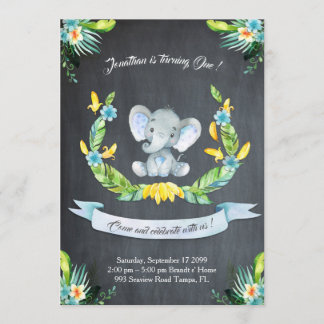 Floral waterverf Elephant Uitnodiging, Babyjongen  Kaart