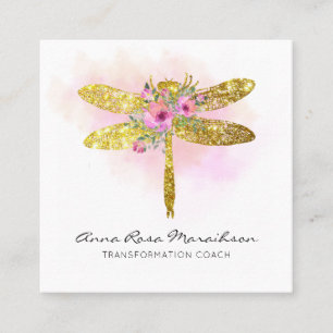 *~* Floral Waterverf Gold Pink Peach Dragonfly Vierkante Visitekaartje