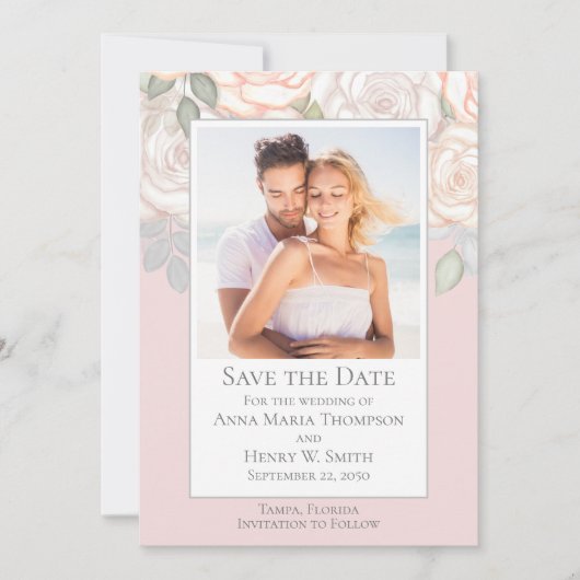 Floral Waterverf Greenery Save the Date Blush Kaart (Voorkant)