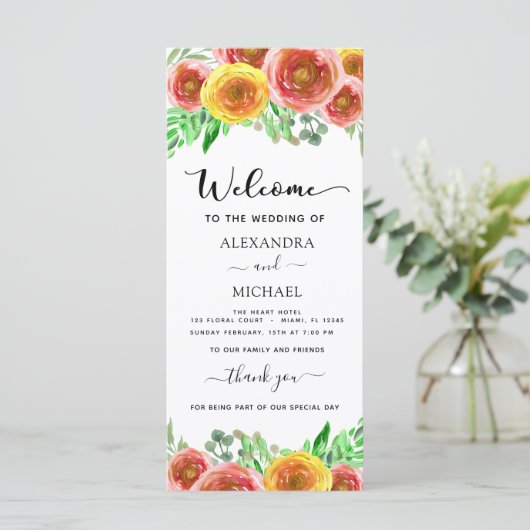 Floral Waterverf Hand Lettered Wedding Programme (Staand voorkant)