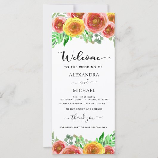 Floral Waterverf Hand Lettered Wedding Programme (Voorkant)