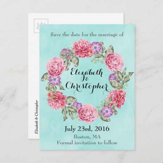 Floral Waterverf met bruiloft bespaart datum Aankondigingskaart (Voorkant / Achterkant)