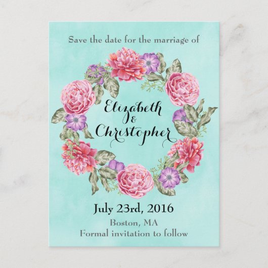 Floral Waterverf met bruiloft bespaart datum Aankondigingskaart (Voorkant)