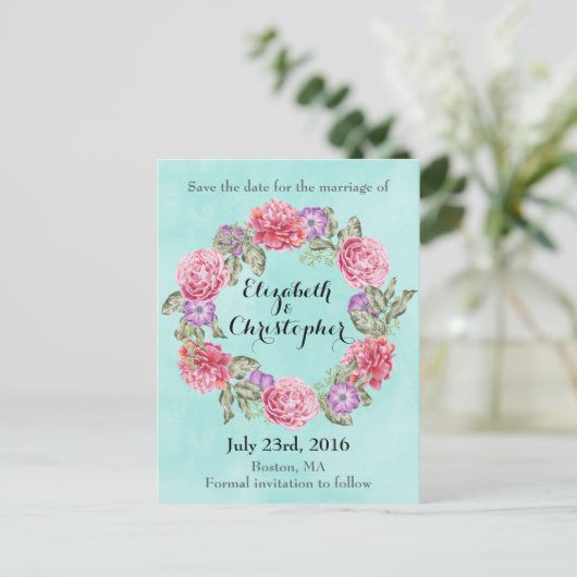 Floral Waterverf met bruiloft bespaart datum Aankondigingskaart (Staand voorkant)