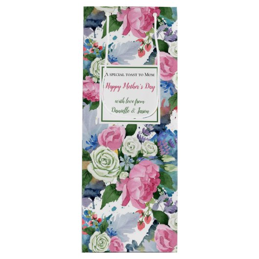 Floral Waterverf Moederdag Wijn Cadeautas (Voorkant)