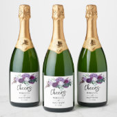 Floral Waterverf Paarse Script Wedding Sparkling Wijnetiket (Flessen)