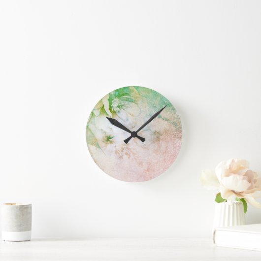 *~* Floral Waterverf Peach Pink Celestial Glitter Ronde Klok (Huis)