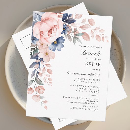 Floral Waterverf Pink Blue Flowers Bridal Brunch Uitnodiging Briefkaart