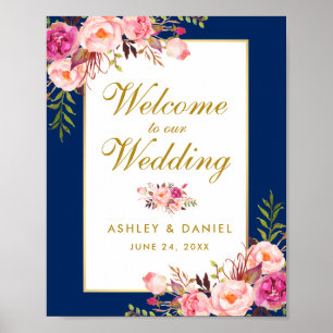 Floral Waterverf Pink Blue Gold Wedding Welkom Poster