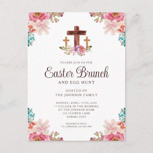 Floral Waterverf Religieuze Kruispap Brunch Uitnodiging Briefkaart (Voorkant)