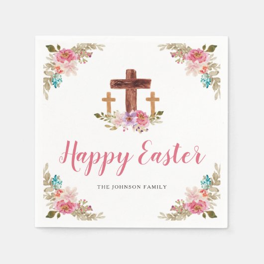 Floral Waterverf Religious Cross Happy Easter Servet (Voorkant)