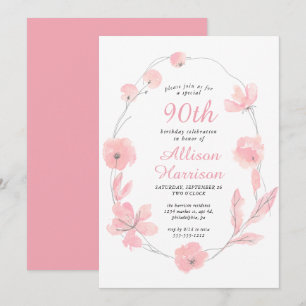 Floral Waterverf Roze 90th Birthday Party Kaart