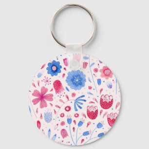 Floral Waterverf Roze Blauw Sleutelhanger